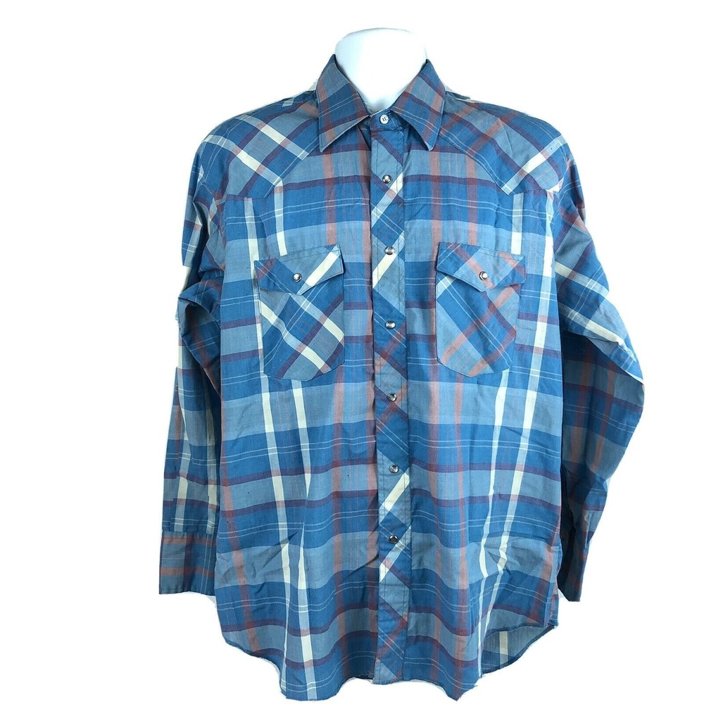 Wrangler Vintage Cowboy Cut Western Rodeo Shirt Pearl Snaps Size 16.5-34 Reg Fit